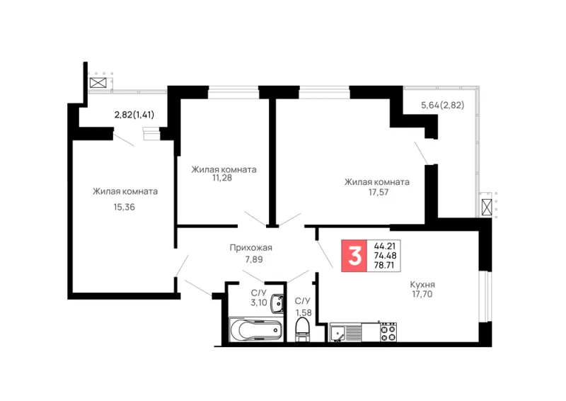 3-комн. 78.7 м²