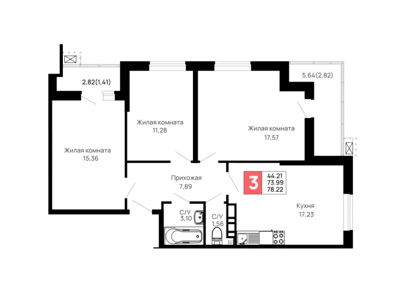 3-комн. 78.2 м²