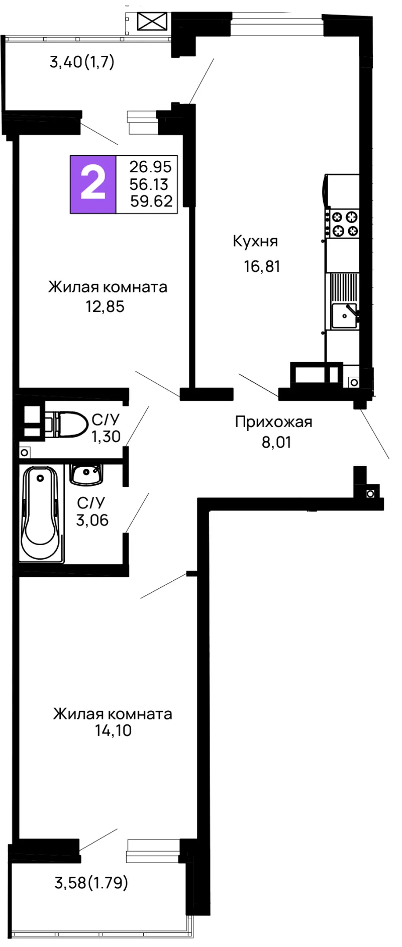 2-комн. 59.6 м²