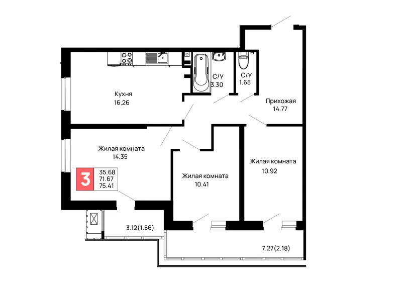 3-комн. 75.4 м²