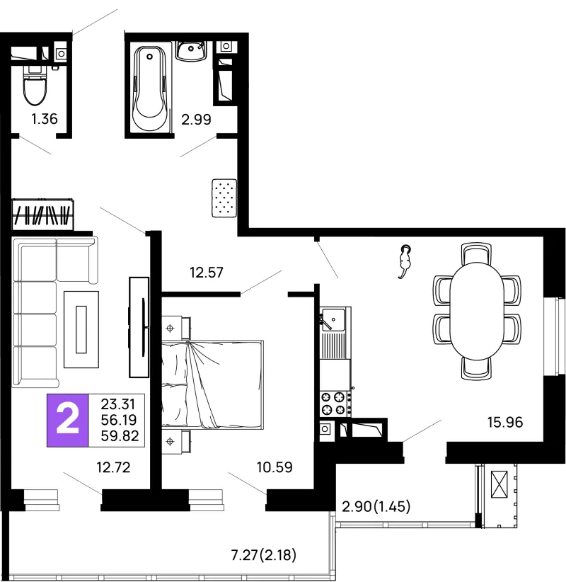 2-комн. 59.8 м²