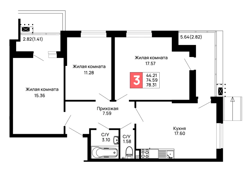 3-комн. 78.3 м²