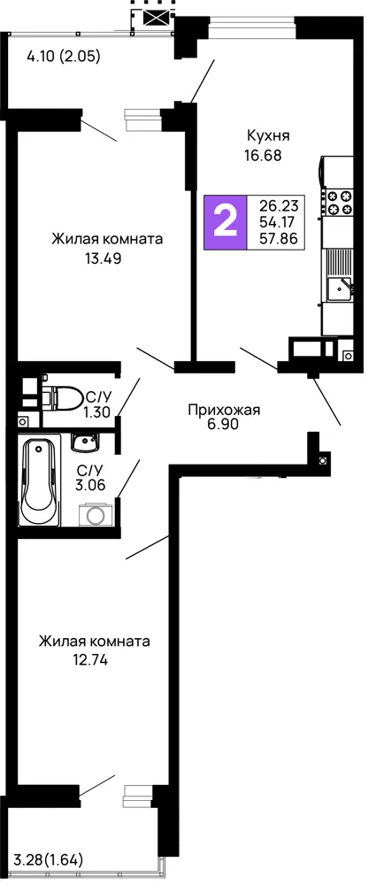 2-комн. 57.9 м²