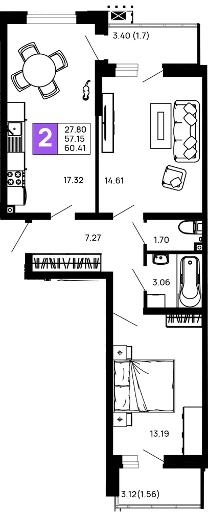 2-комн. 60.4 м²