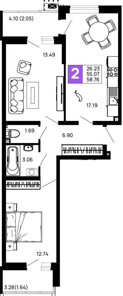 2-комн. 58.8 м²