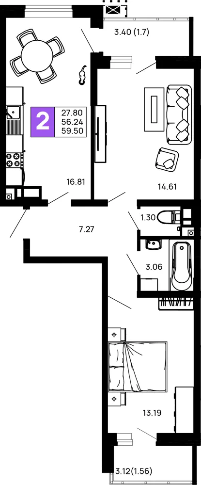 2-комн. 59.5 м²