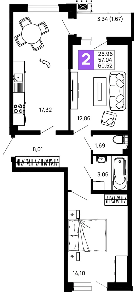 2-комн. 60.5 м²