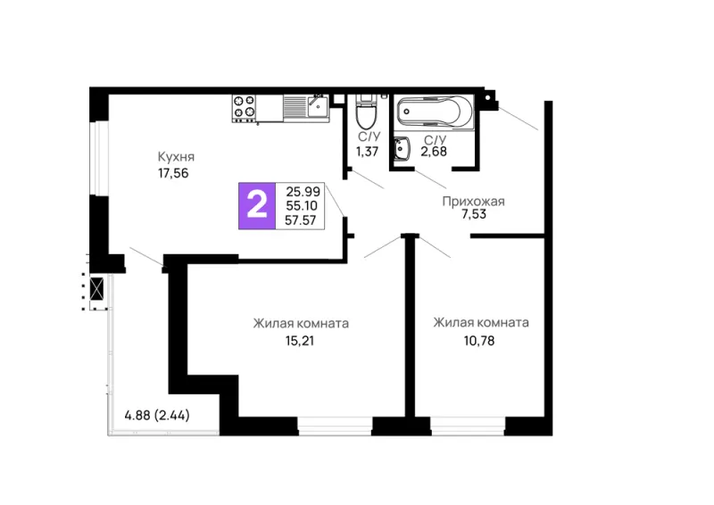 2-комн. 57.5 м²