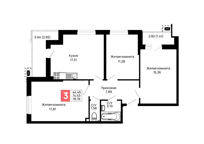 3-комн. 78.8 м²