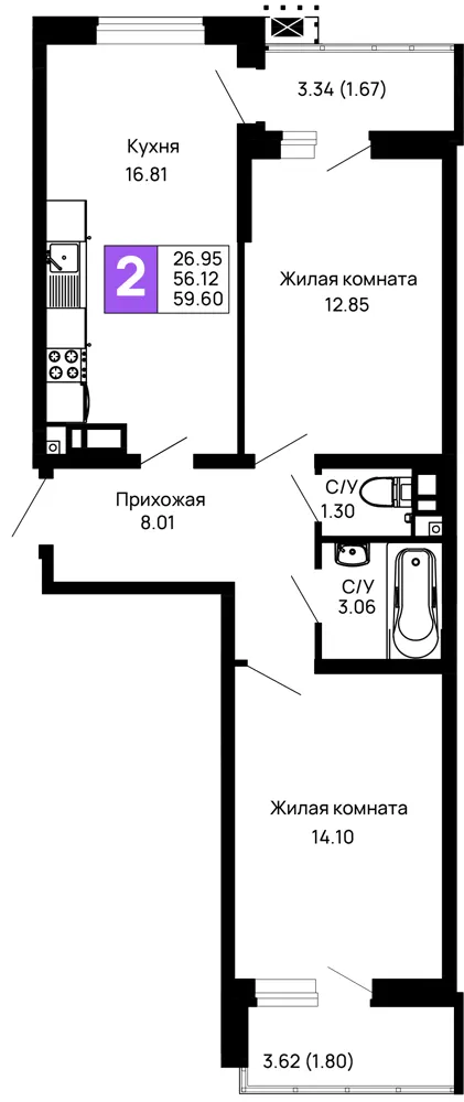 2-комн. 59.6 м²