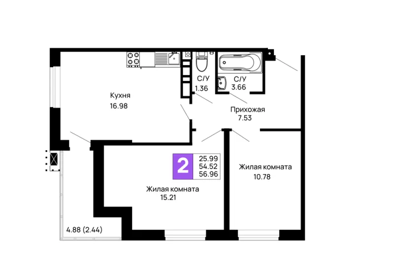 2-комн. 57 м²