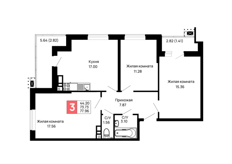 3-комн. 78 м²
