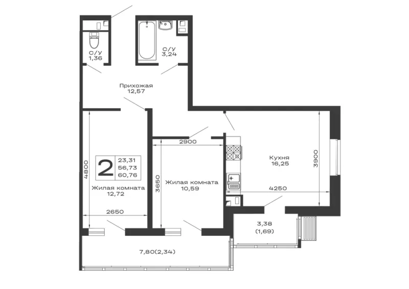 2-комн. 60.8 м²