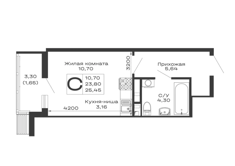Студия 25.5 м²