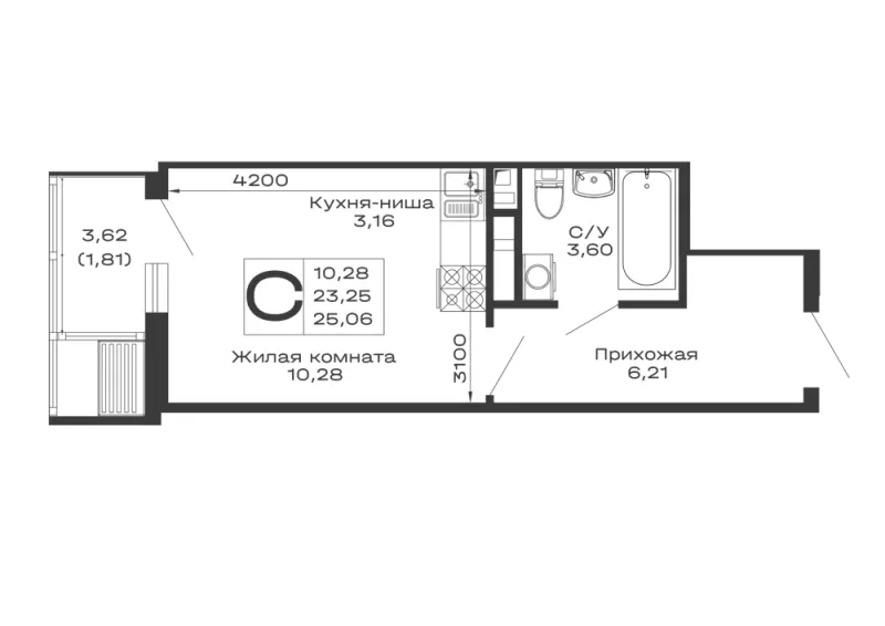 Студия 25.1 м²