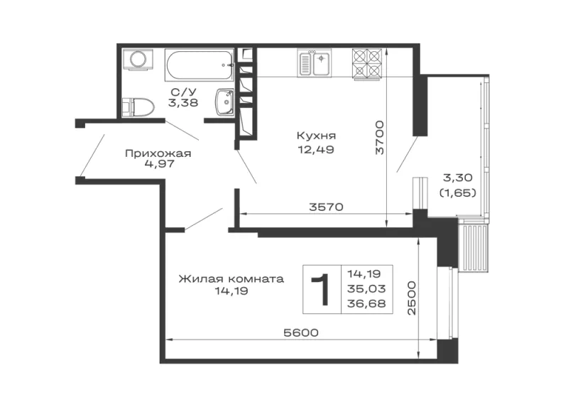 1-комн. 36.7 м²