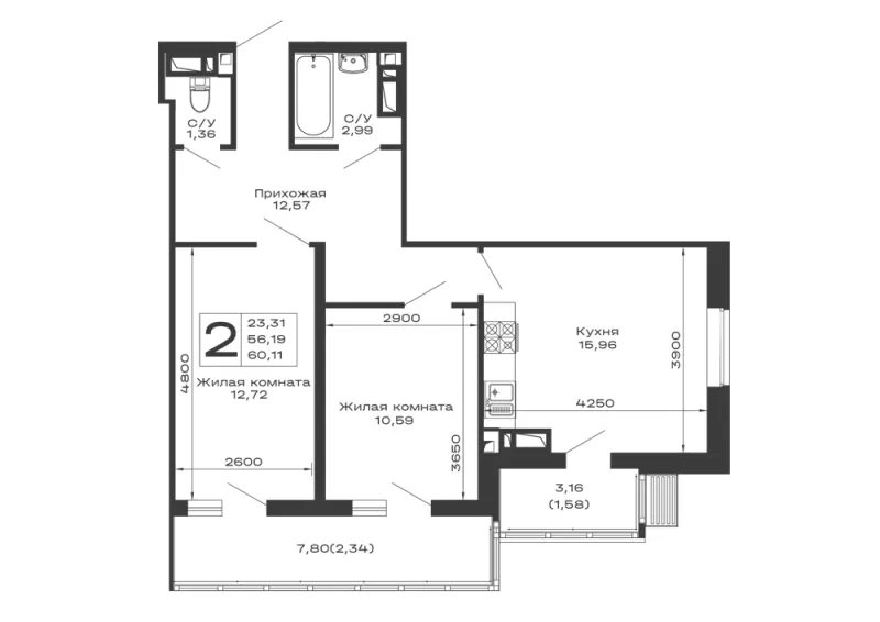 2-комн. 60.1 м²