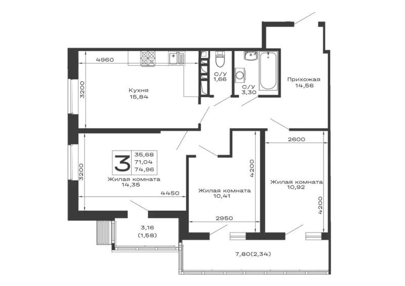 3-комн. 75 м²