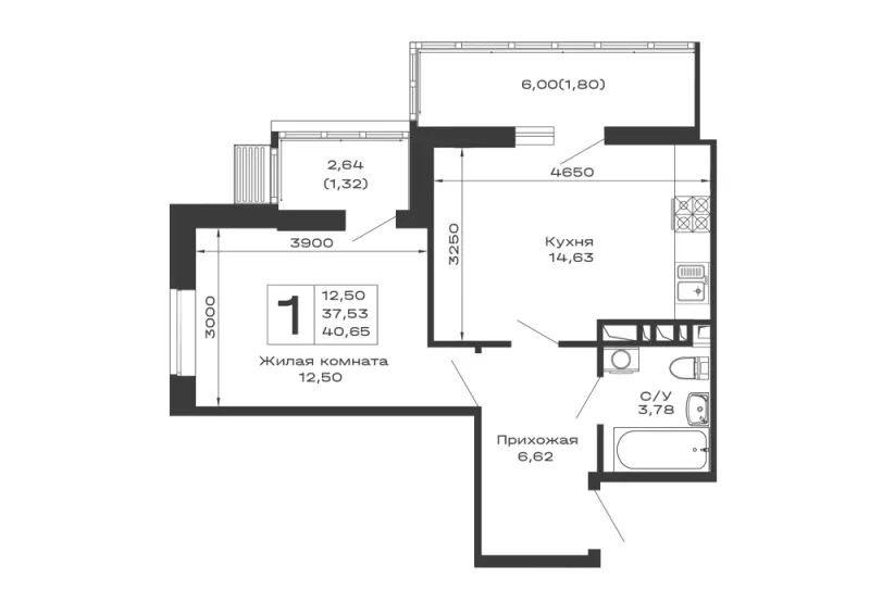 1-комн. 40.7 м²
