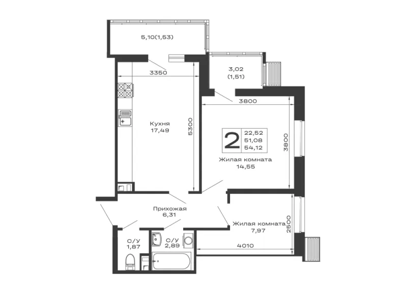 2-комн. 54.1 м²