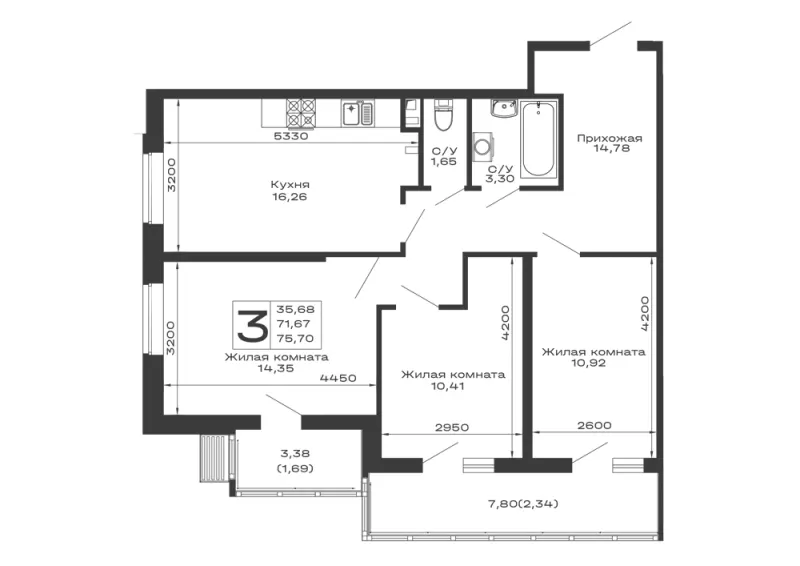 3-комн. 75.7 м²