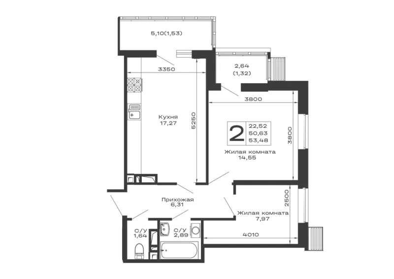 2-комн. 53.5 м²