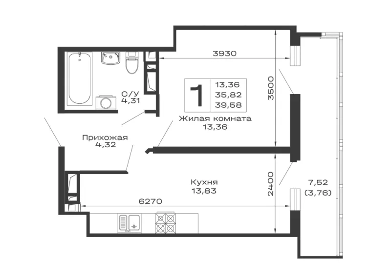 1-комн. 39.6 м²