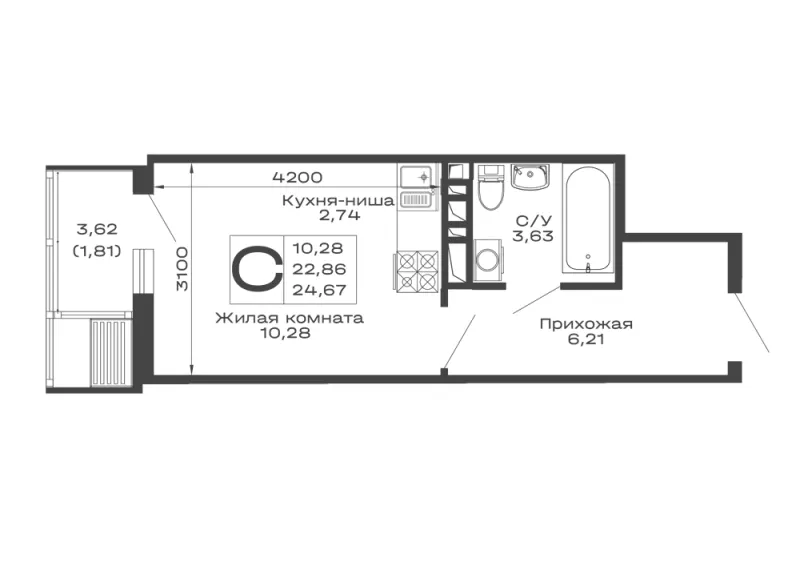 Студия 24.7 м²