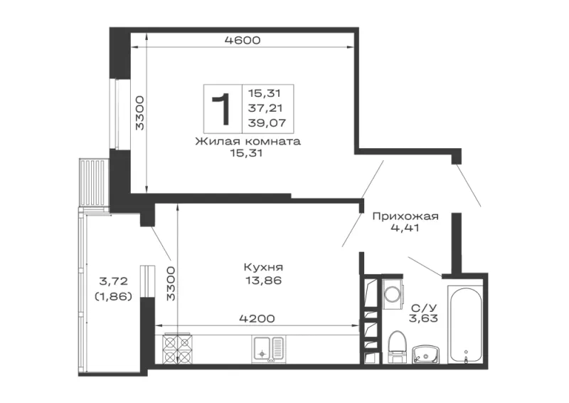 1-комн. 39.1 м²
