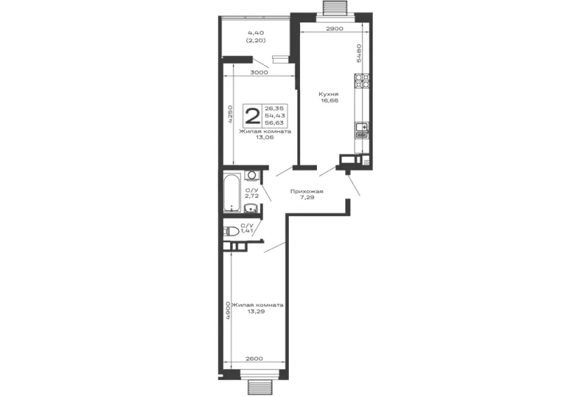 2-комн. 56.6 м²