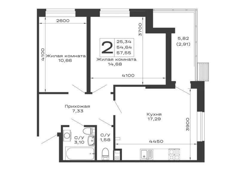 2-комн. 57.6 м²