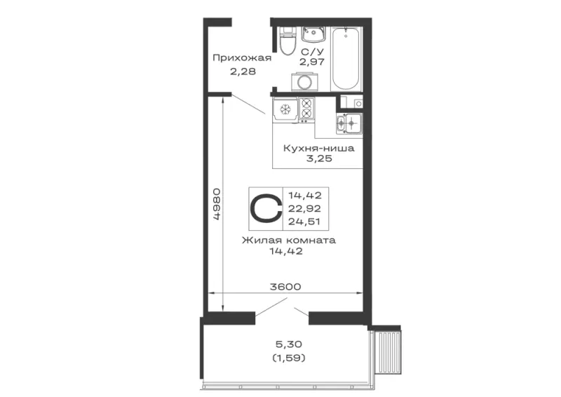 Студия 24.5 м²