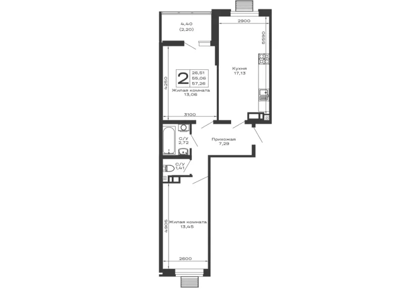 2-комн. 57.3 м²