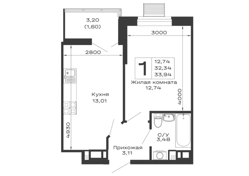 1-комн. 33.9 м²