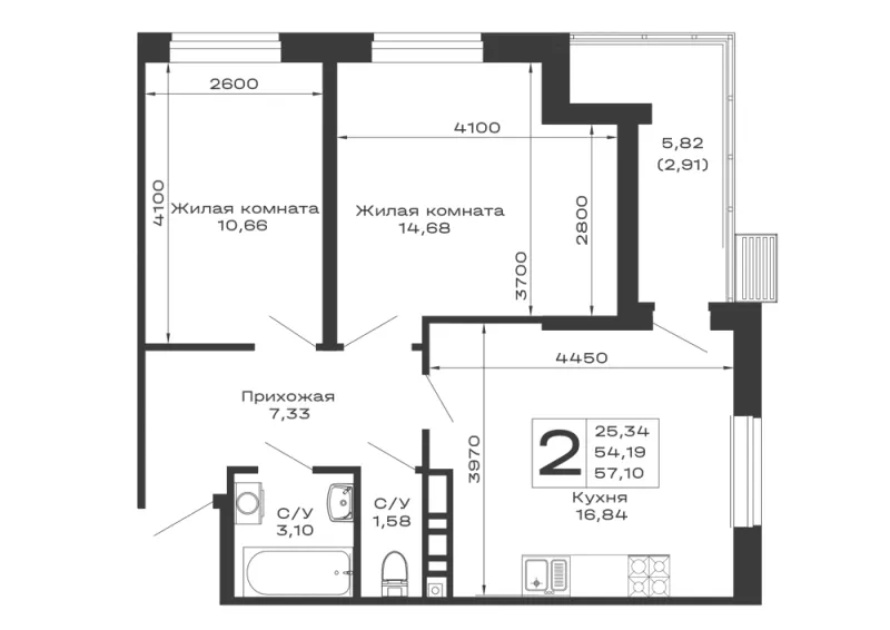 2-комн. 57.1 м²