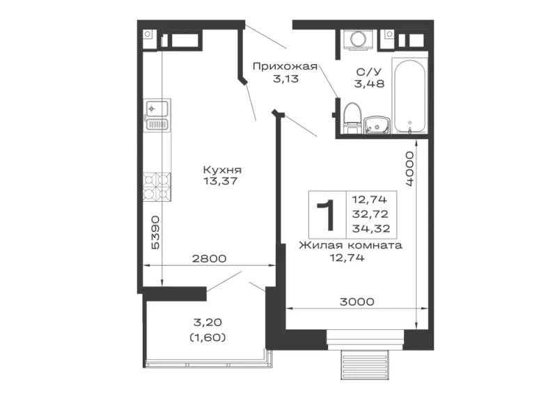 1-комн. 34.3 м²
