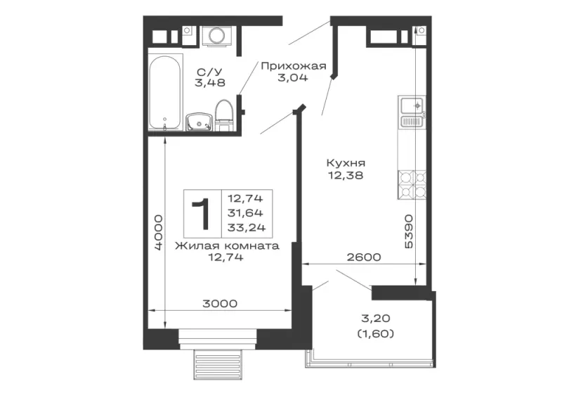1-комн. 33.2 м²