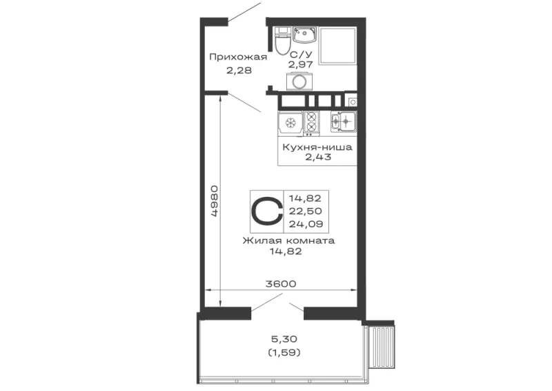 Студия 24.1 м²