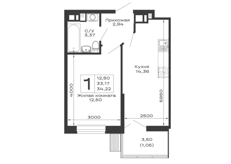 1-комн. 34.2 м²