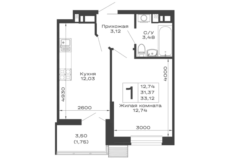 1-комн. 33.1 м²