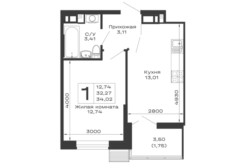 1-комн. 34 м²