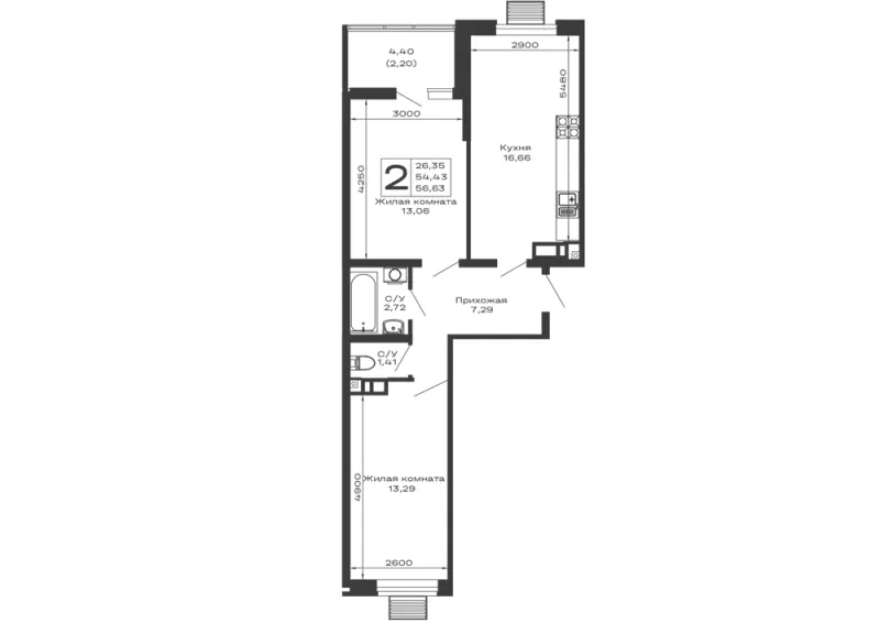 2-комн. 56.6 м²