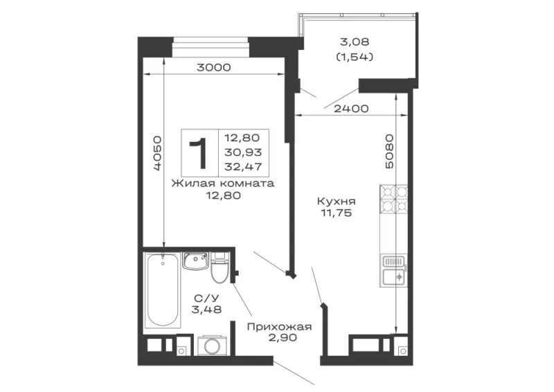 1-комн. 32.5 м²