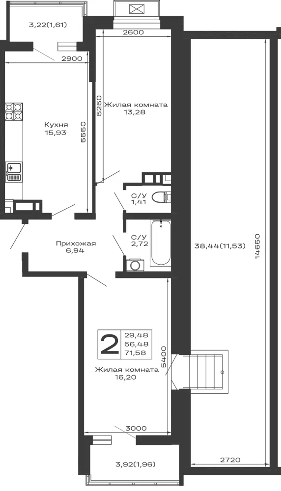 2-комн. 71.6 м²