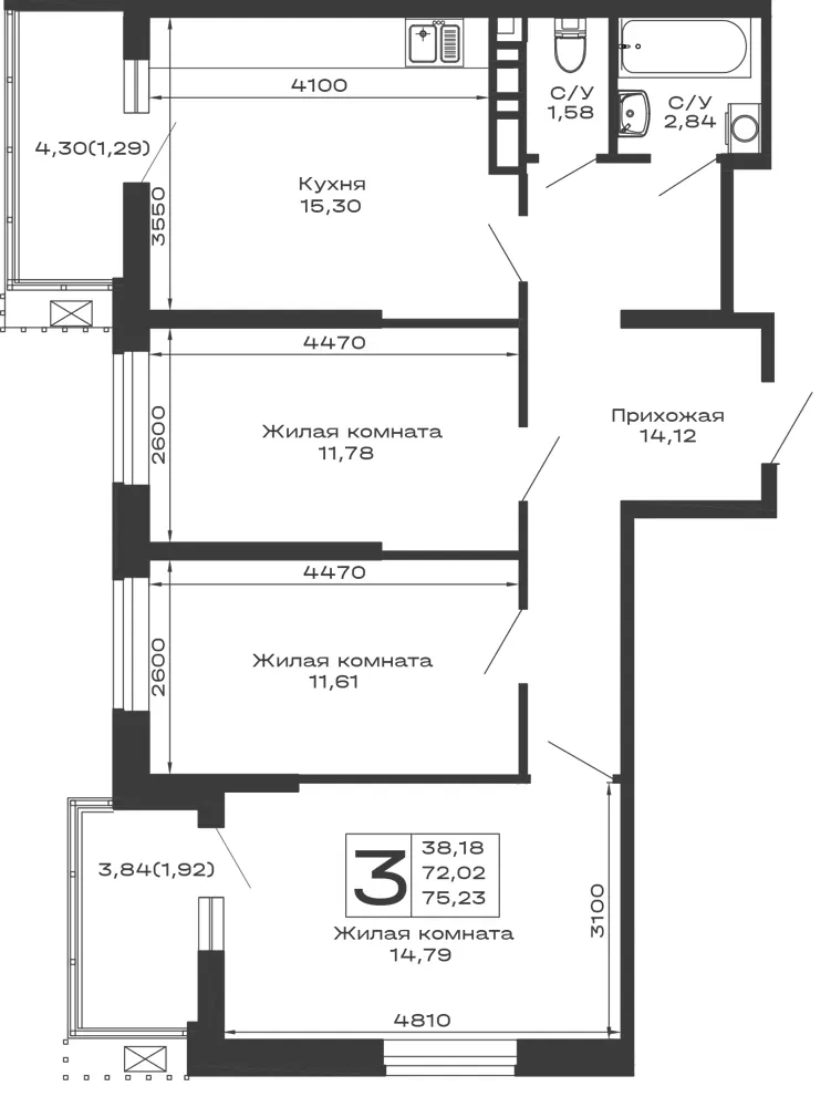 3-комн. 75.2 м²