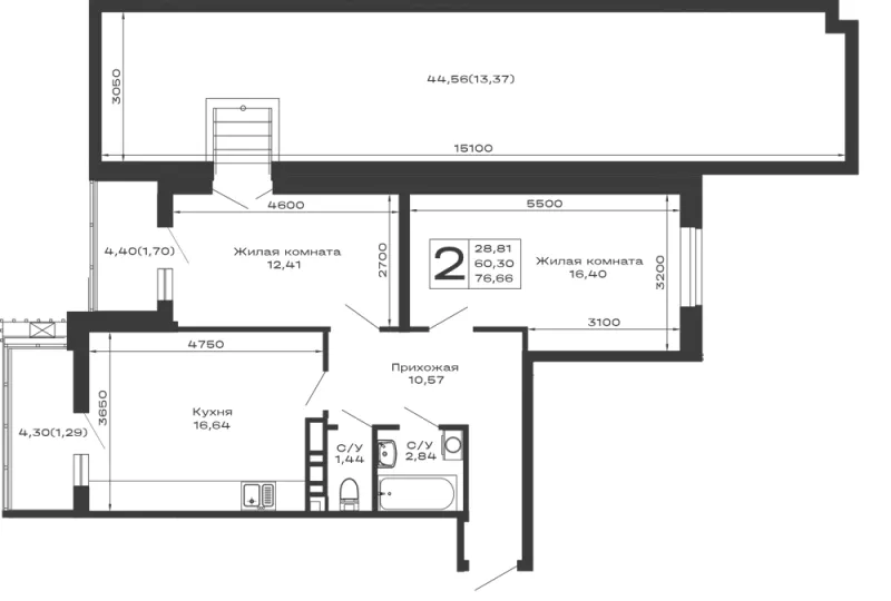2-комн. 76.7 м²
