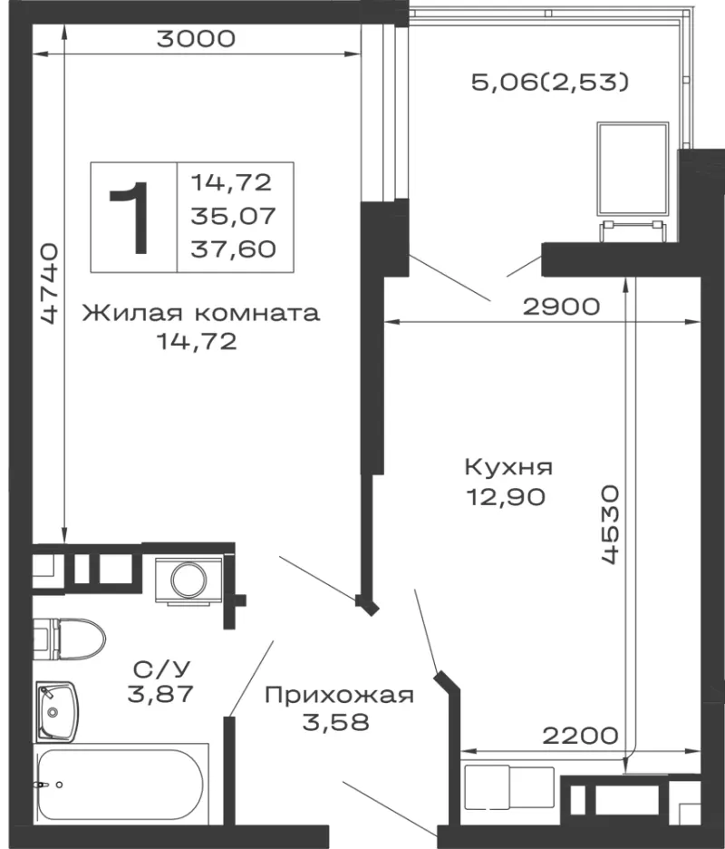 1-комн. 37.6 м²