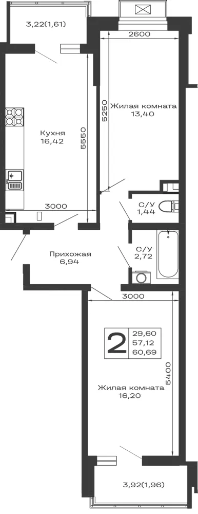 2-комн. 60.7 м²