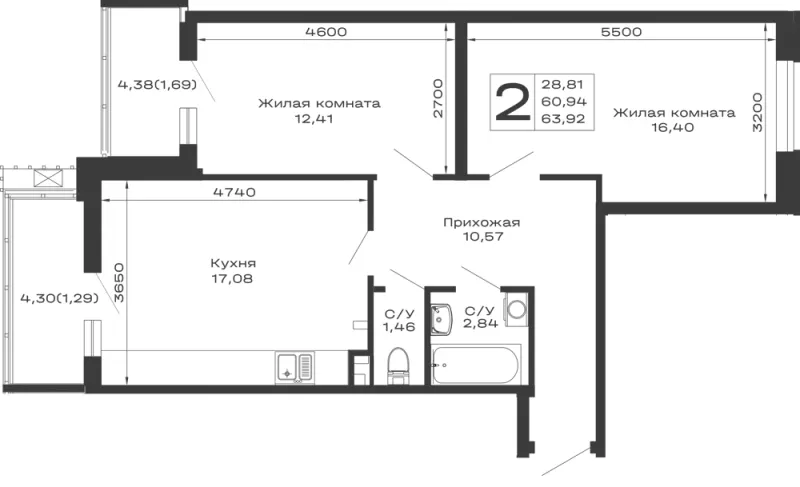 2-комн. 63.9 м²
