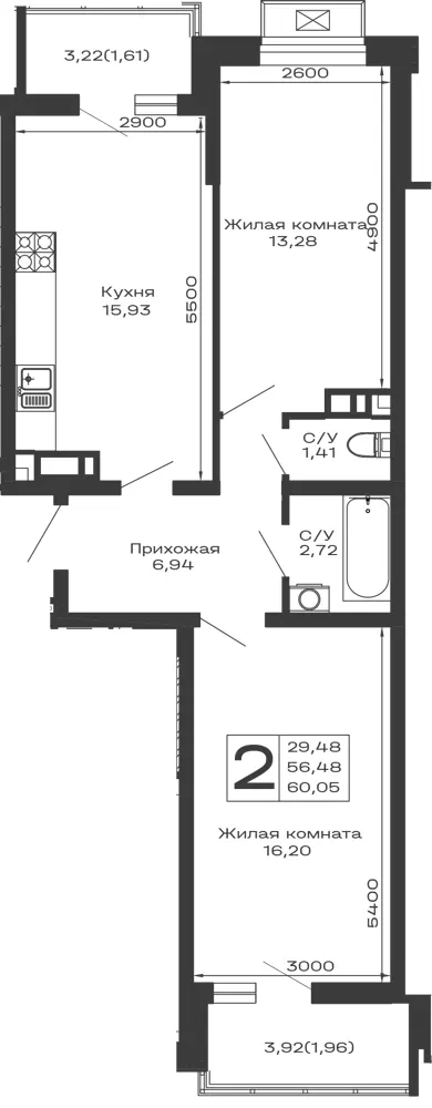 2-комн. 60.1 м²